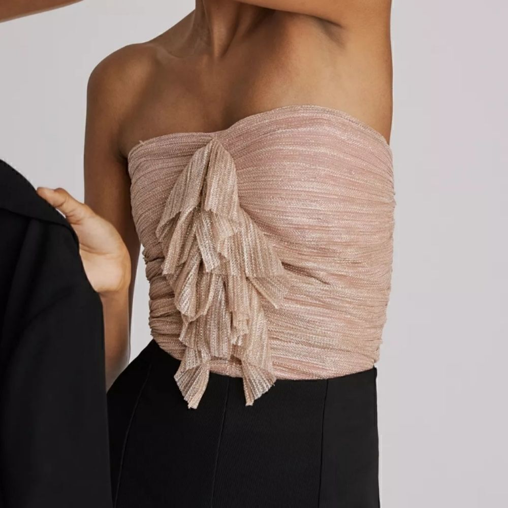 Anthropologie Mauve Pink Ruffled Metallic Tube Top NWT XL, Small